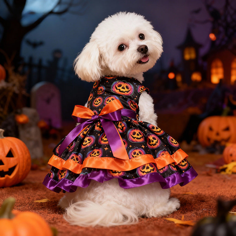Pet Pumpkin Skull Bow Skirt | Premium Halloween Dog Costume