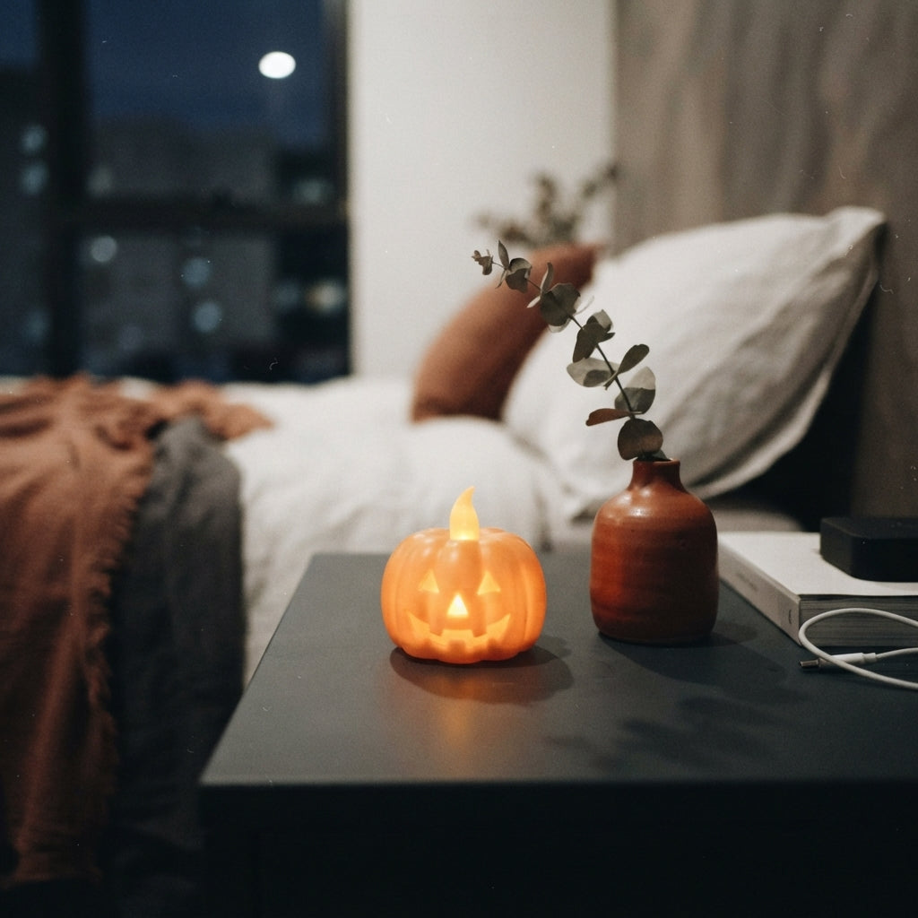 A portable glowing pumpkin candle holder sitting on a dark surface in a dimly lit, modern bedroom.